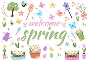 Hello spring lettering with cute birds, bees, flowers, butterflies. hand drawn flat cartoon elements.