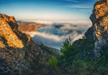 Beautiful autumn landscape at sunrise. picturesque river canyon. nature of Ukraine