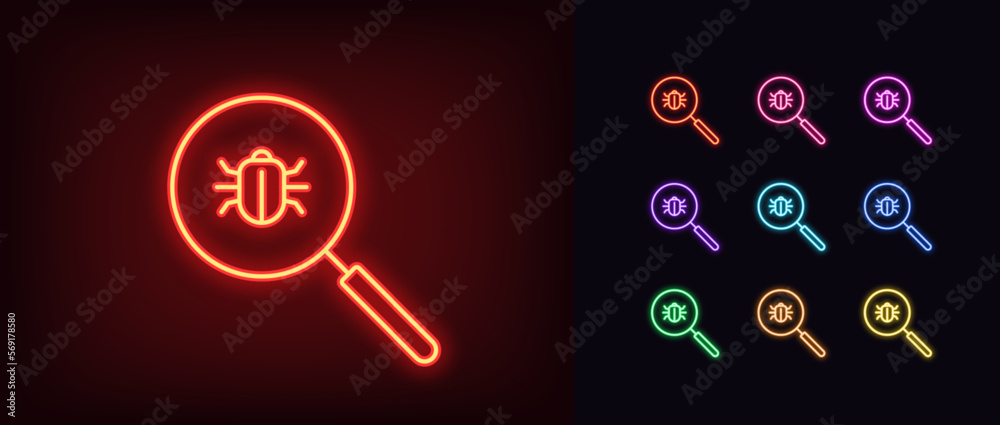 Poster outline neon magnifier icon set. glowing neon magnifying glass frame with bug sign, vulnerability se