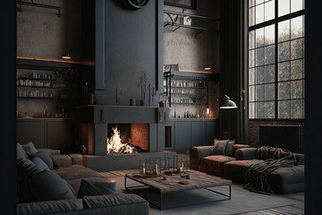 Loft Style Room Interior with Fireplace