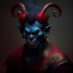Oni Demon Spirit Genie Djinn Jinn Magic Devil Red Blue Horned Strong DND Gothic Character Concept RPG Caravaggio Style Painting Generative AI Tools Technology illustration - obrazy, fototapety, plakaty