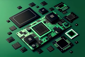 black semiconductor chips and Rectangular chips on green board,illstration generative ai content by Midjourney - obrazy, fototapety, plakaty