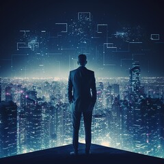 Obraz premium Concept for business technology a businessman walking in a futuristic interface with a background of a future city, generative ai