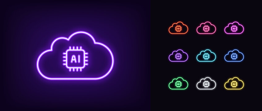 Outline neon cloud AI icon set. Glowing neon cloud frame with AI chip sign, artificial intelligence pictogram. Cloud calculation server, computing and data center, smart algorithm system.
