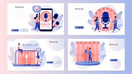 Stand Up comedy show. Open mic. Comedian on stage. Comic with microphone. Invitation to Comedy concert. Screen template for landing page, template, ui, web, mobile app, poster, banner, flyer. Vector 