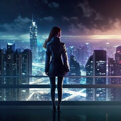 Businesswoman viewing the nighttime city from a rooftop. Using smart big data technology, businesses succeed , generative ai