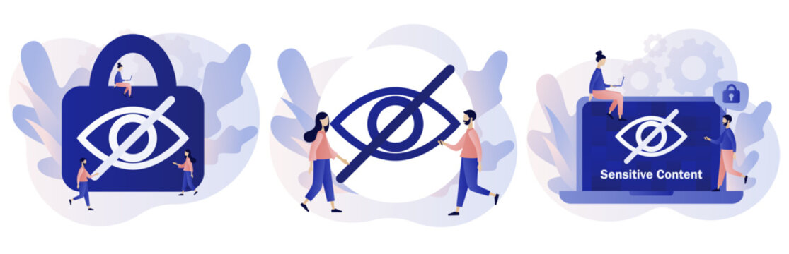 Sensitive content concept. Eye crossed sign. Explicit content in social media, website, photos, pictures and video. Hide view. Modern flat cartoon style. Vector illustration on white background