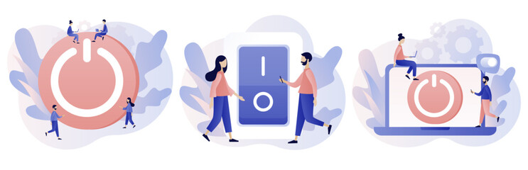 On Off button concept. Tiny people press switch. Characters turning off and turning on devices. Save energy. Modern flat cartoon style. Vector illustration on white background