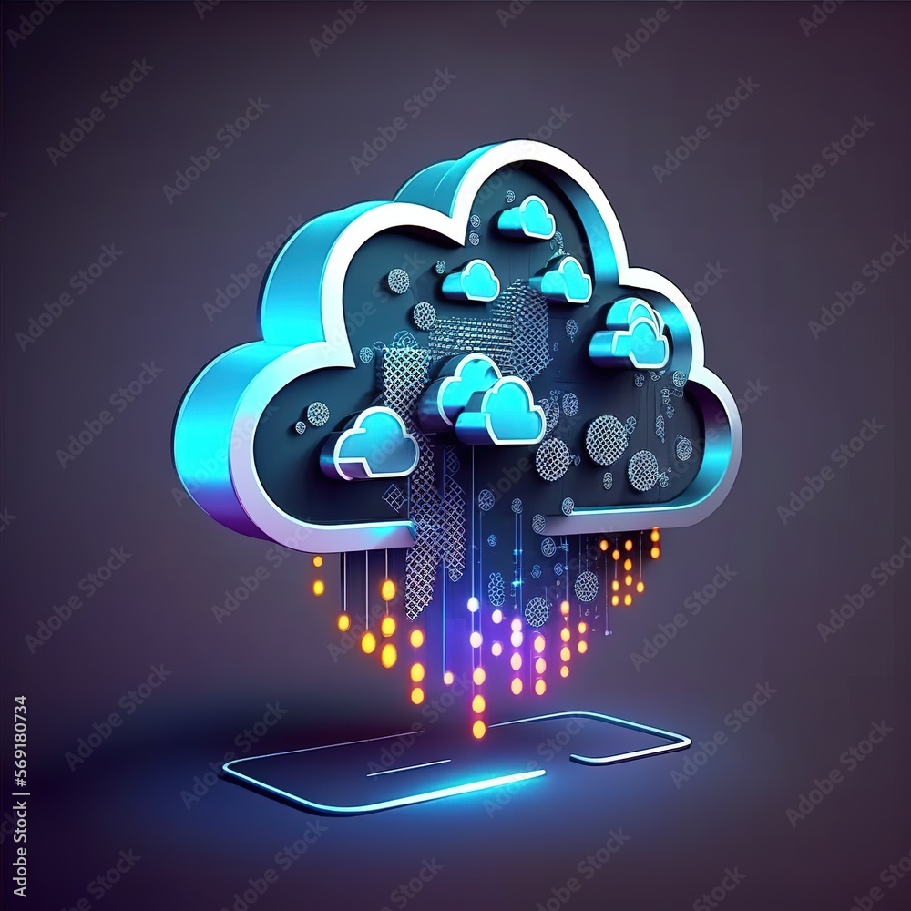 Poster network of clouds for cloud data transfer, computer connects to internet server service.technology f