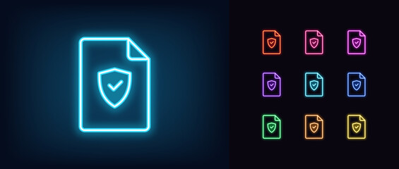 Outline neon verified file icon set. Glowing neon document frame with shield and tick sign, secure deal pictogram. Guarantee document and business contract, safe agreement, checked report. - obrazy, fototapety, plakaty