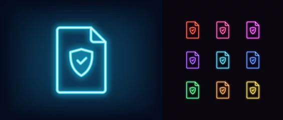 Foto op Canvas Outline neon verified file icon set. Glowing neon document frame with shield and tick sign, secure deal pictogram. Guarantee document and business contract, safe agreement, checked report. © Дмитрий Майер