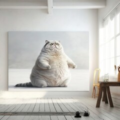 In a modern White room, a cat is doing yoga, generative ai