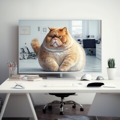 fat cat is seated at an office table in front of a computer, generative ai