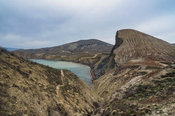 View of Dead Bay and picturesque hills from Cape Chameleon in surroundings of Koktebel. Crimea