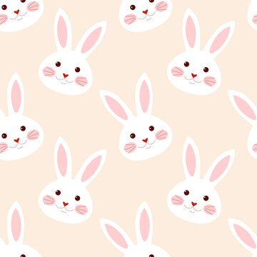 Cartoon vector rabbit head pattern on beige background.