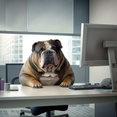 Fat dog is sitting at the modern office, Generative AI