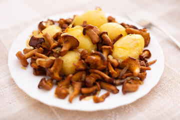 delicious forest mushrooms chanterelles with young potatoes fried on white plate