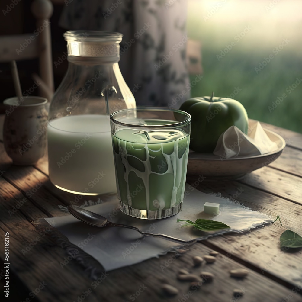 Poster Green tea with milk on the table, generative ai