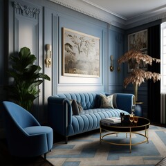 interior of living room with blue sofa, generative ai