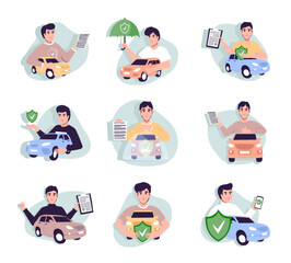 Car insurance coverage concept. Automobile protection, security, safety set. People protecting car with insurance and signing form with red auto.