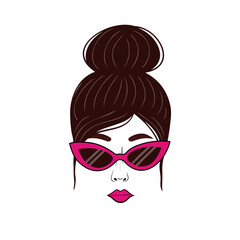 Girl with hair bun and pink sunglasses. Vector Illustration for printing, backgrounds and packaging. Image can be used for greeting cards, posters, stickers and textile. Isolated on white background.