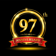 97th Anniversary logo with emblem shape. Logo design with gold ring and red ribbon for birthday celebration event. Logo Vector Template