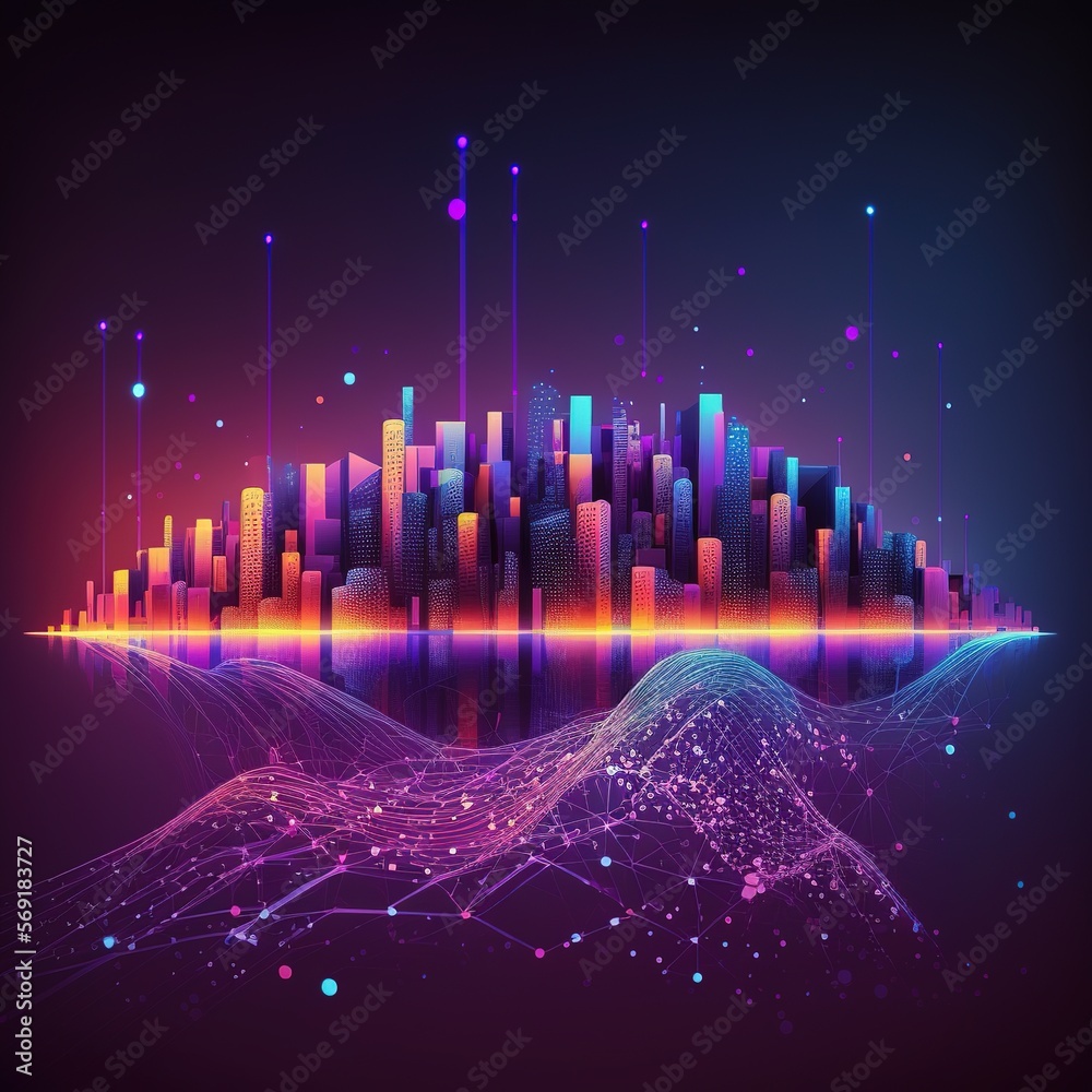 Poster big data connection technology connecting an abstract dot point and an abstract city with a gradient
