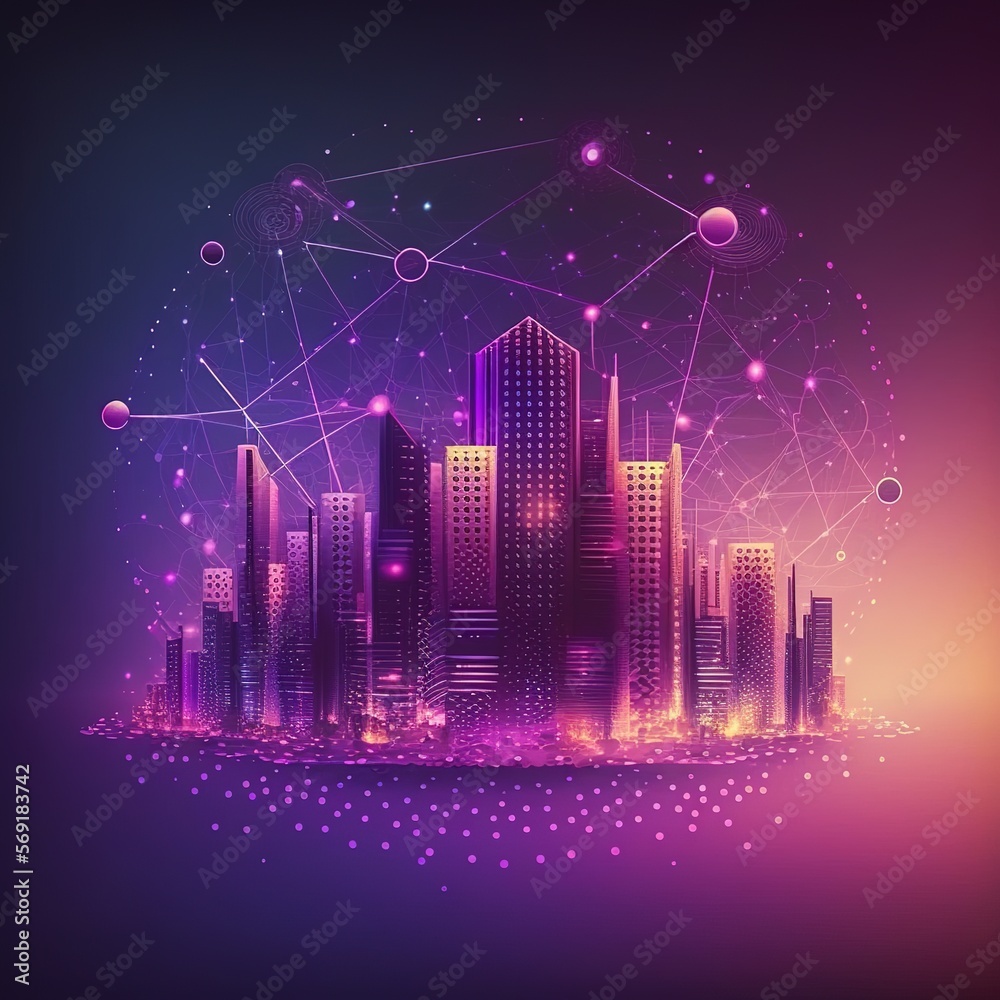Poster concept of big data connection technology connecting an abstract dot point and an abstract city with