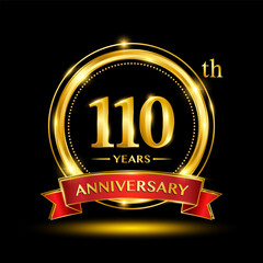 110th Anniversary logo with emblem shape. Logo design with gold ring and red ribbon for birthday celebration event. Logo Vector Template
