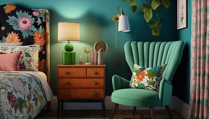 An eclectic bedroom with a mismatched collection of furniture, including a vintage-style armchair and a mid-century nightstand. generative ai