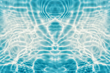 Fototapeta na wymiar Defocus blurred transparent blue colored clear calm water surface texture with splashes and bubbles. Trendy abstract nature background. Water waves in sunlight with copy space. Blue watercolor shining