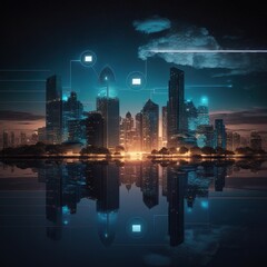 Smart city with particle glowing light connection, generative AI