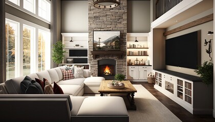 Cozy and comfortable family room with a plush white sectional, a large TV and a stone fireplace. generative ai