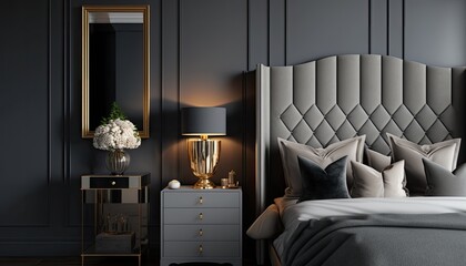 Stylish and sophisticated bedroom with a plush grey bed, a mirrored nightstand and elegant accents. generative ai
