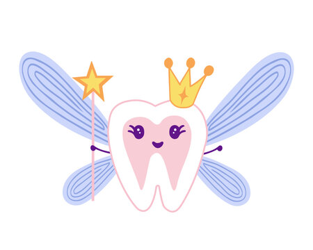 Tooth fairy with crown and holding a star magic wand. Vector Illustration for backgrounds, covers and packaging. Image can be used for greeting card, poster and sticker. Isolated on white background.