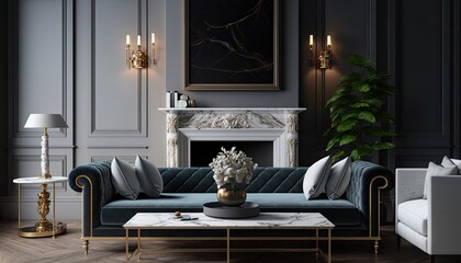 Elegant and classic living room with a plush velvet sofa, a marble coffee table and a grand fireplace. generative ai