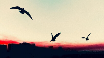 concept of postcard with silhouettes of seagulls