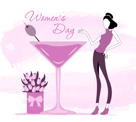 Women’s Day. March 8. A woman standing next to a glass and a bouquet of flowers