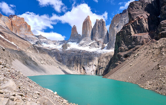 view of the lake from mirador de las torres in torres del paine, chile