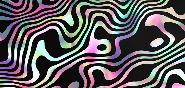 Abstract holographic rainbow colors background with distorted black and iridescent lines. 3D rendered image.