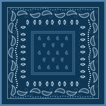 Blue bandana kerchief paisley fabric patchwork abstract vector seamless pattern