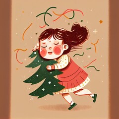 Naklejka na ściany i meble little girl that is holding a christmas tree. generative ai.