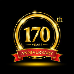 170th Anniversary logo with emblem shape. Logo design with gold ring and red ribbon for birthday celebration event. Logo Vector Template