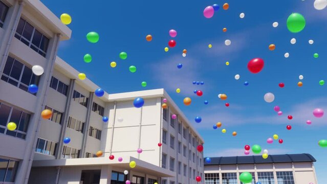 学校の校舎と青空に飛翔するカラフルな風船 / 学園イベント・青春とノスタルジーのモーションイメージ / 3Dレンダリング