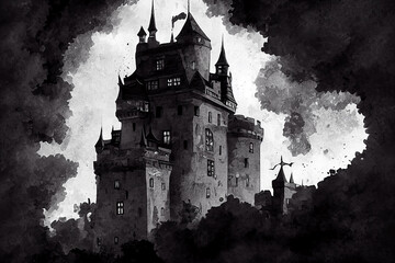 Naklejka premium black and white concept art drawing big castle