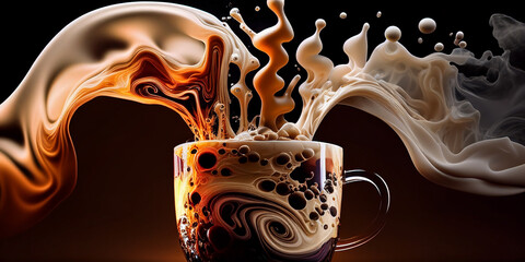 mixing coffee with milk, chocolate in a large cup dynamic splash. Generative AI