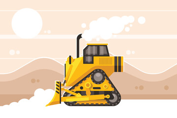 Obraz na płótnie Canvas Heavy bulldozer on tracks digging site landscape. Vector graphics