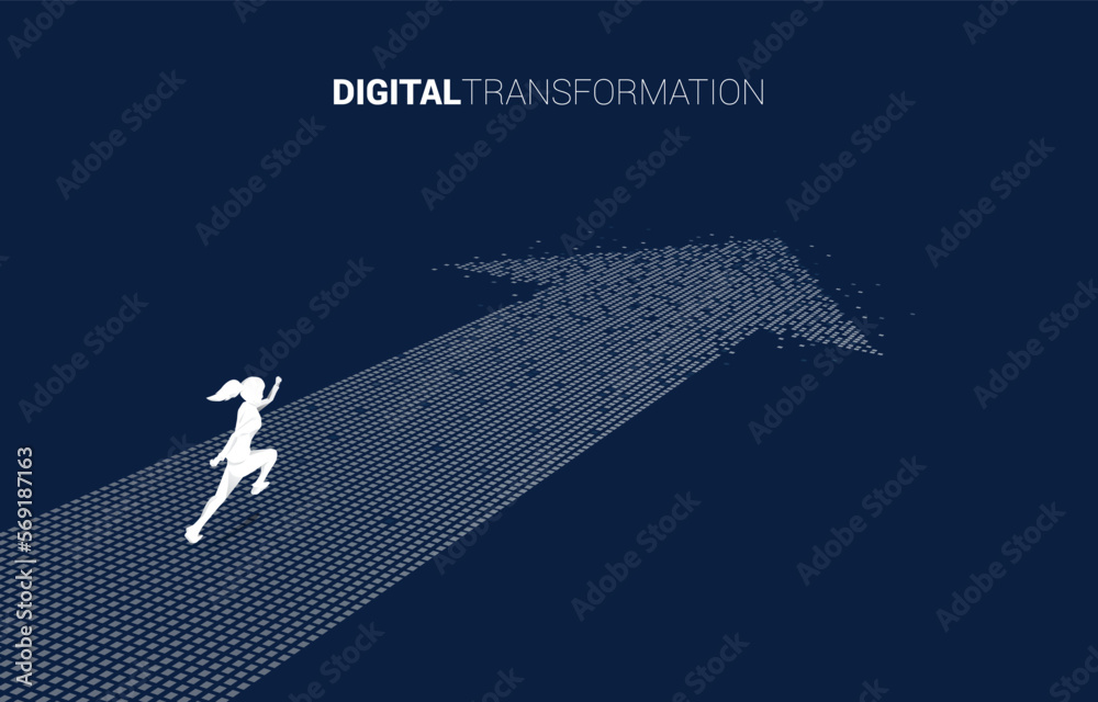 Poster silhouette of businesswoman running on the arrow from pixel. concept of digital transformation of bu