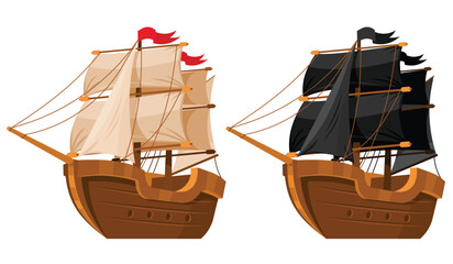 Wooden sailing ships. Sail boats with white and black sails. Cartoon set of old wooden ships, vintage galleons on white background. Vector graphics - obrazy, fototapety, plakaty