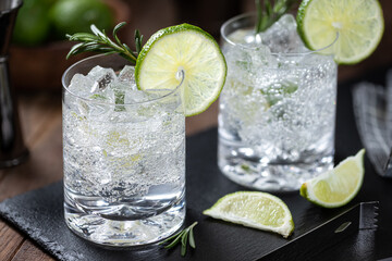Gin and tonic cocktail with lime. rosemary and ice © chas53
